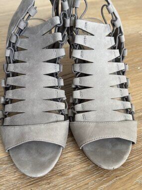 Vince Camuto Taupe Grey  Gladiator Caged Lace-upblock heel sandals